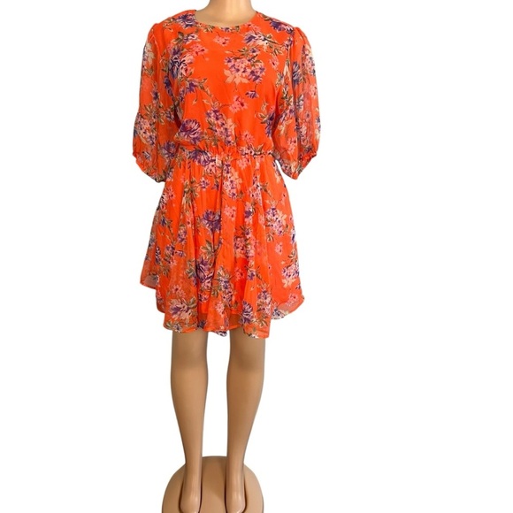 Code x Mode Orange and Blue Floral Print Short Sleeve Belted Mini Dress - Picture 2 of 9